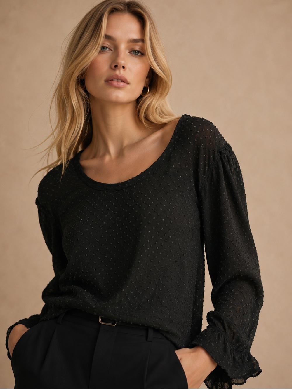 Ann Taylor Black Swiss Dot Ruffle Sleeve Blouse XXL Elegant Chic Work Office